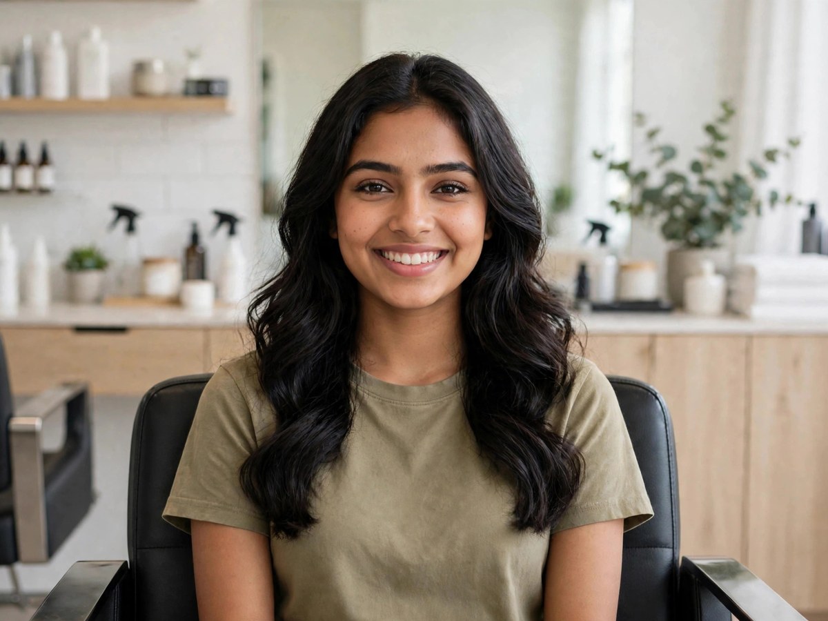 Same woman radiant and confident after salon visit